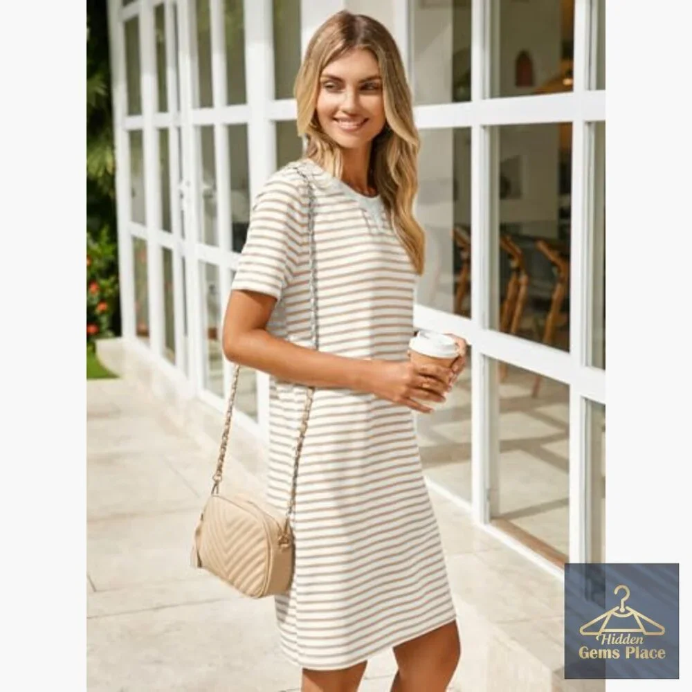 Knee-Length Shift Dress with Pockets, Striped, Short Sleeve, Casual Summer